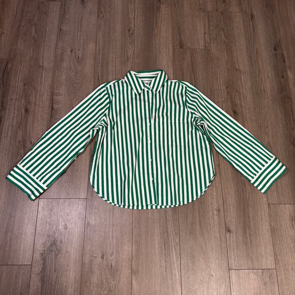 Madewell Poplin Easy Y-Neck Button-Up Shirt WMNS M Green White Striped NU737 LS - Picture 4 of 9